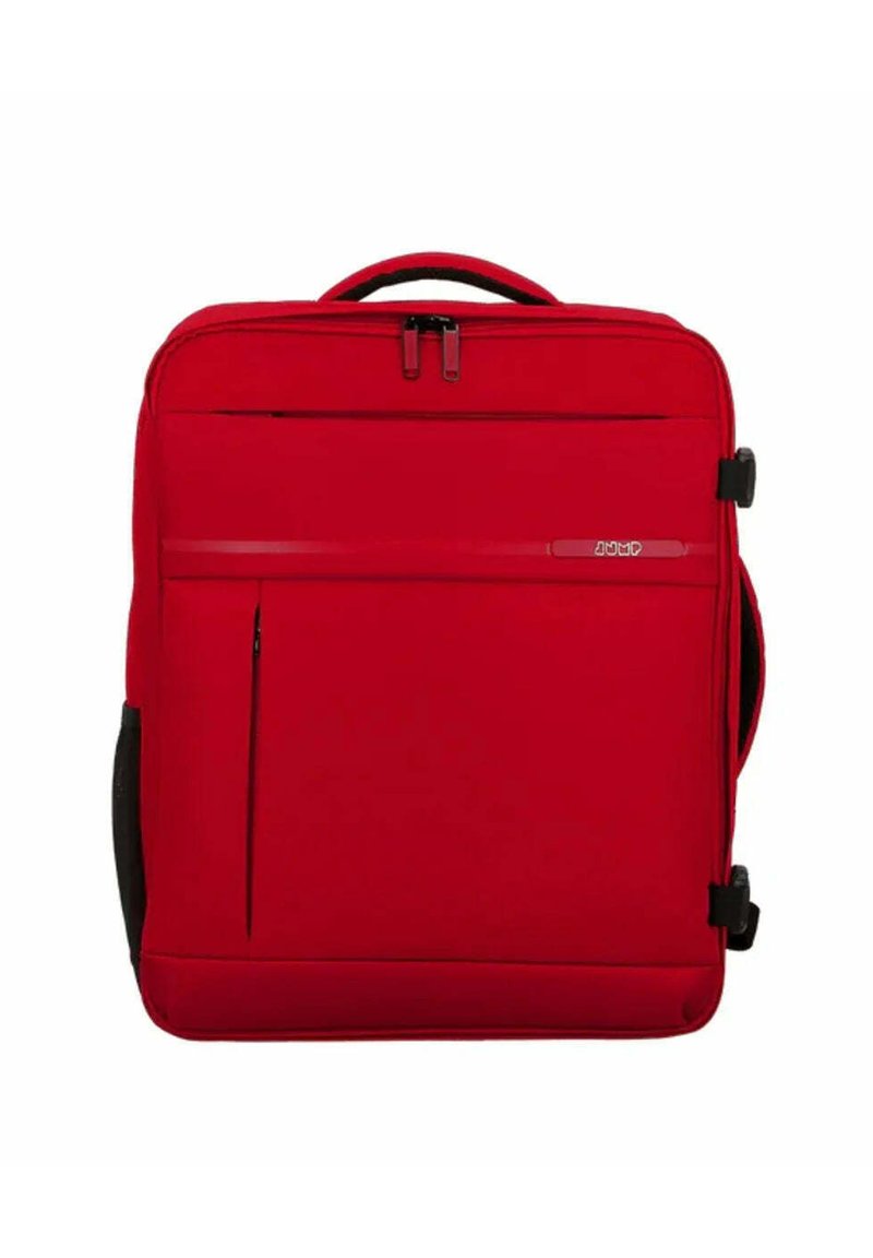 Rode rugzak met een rechthoekige vorm, gemaakt van stof. Bevat een handvat aan de bovenkant, een Voorzak met rits en verstelbare banden aan de zijkanten.