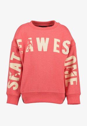 Felpa rosa corallo con testo e grafiche color crema. Presenta un collo rotondo e polsini a costine. Il materiale è un morbido e testurizzato pile.