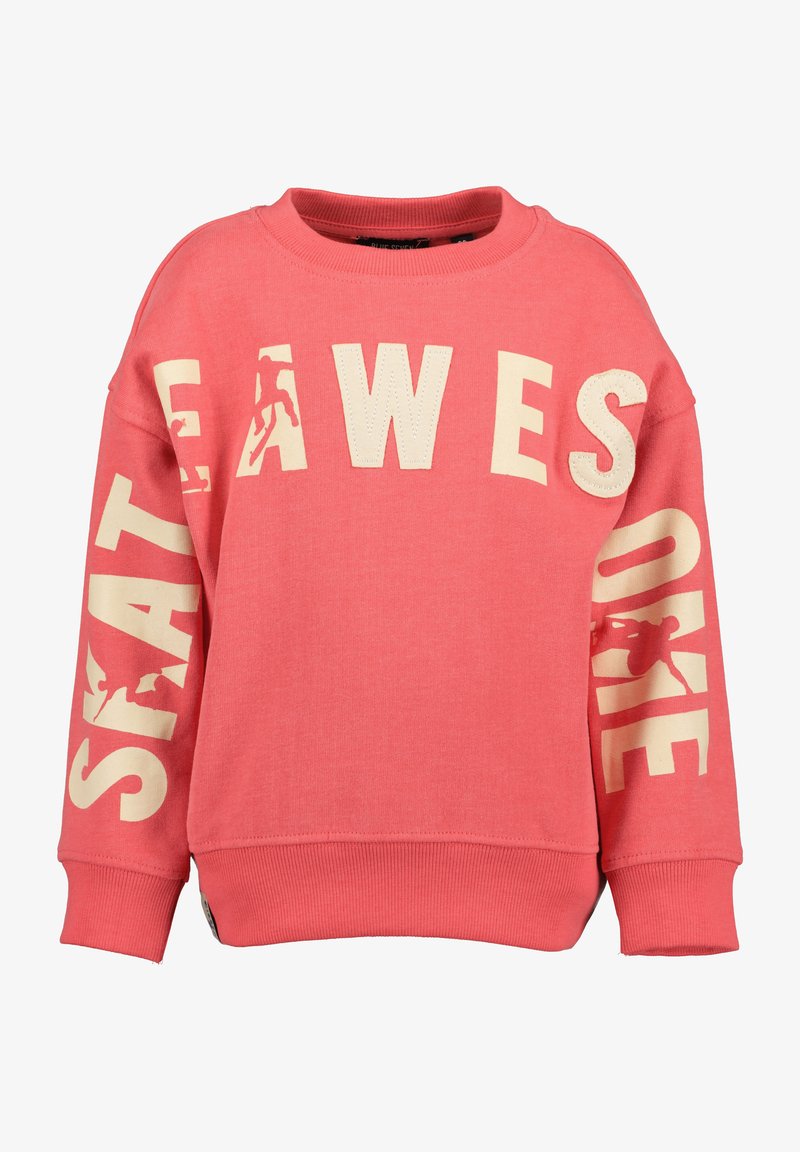 Felpa rosa corallo con testo e grafiche color crema. Presenta un collo rotondo e polsini a costine. Il materiale è un morbido e testurizzato pile.