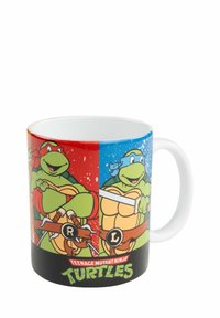 Tazza di ceramica con design a spicchi colorati; presenta tartarughe dei cartoni animati su sfondi rossi e blu, manici ai lati e finitura texturizzata.