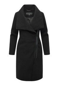 Manteau en mélange de laine noire avec un grand col, une devant asymétrique et une fermeture éclair, arborant une texture lisse et une coupe ajustée.