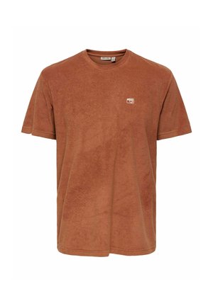 Brown short-sleeve terry cloth T-shirt with crew neck and small white camera icon on left chest.