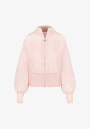 Lyserød strikket trøje med lynlås, ribstrikket opretstående krave, manchetter og kant, med diskrete teksturmønstre på kroppen og ærmerne.