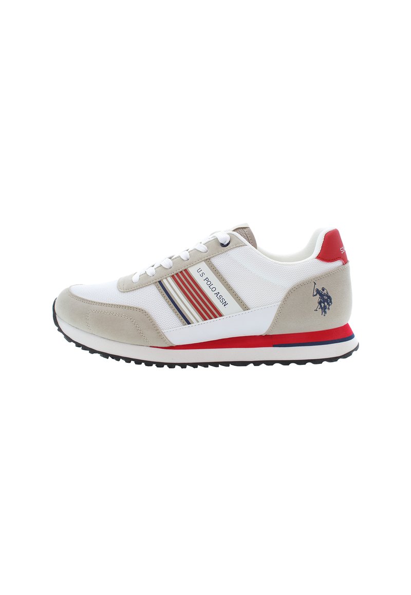 Men's sneaker featuring a mix of white mesh and beige suede, red and blue accents, a striped design, and a black rubber sole.