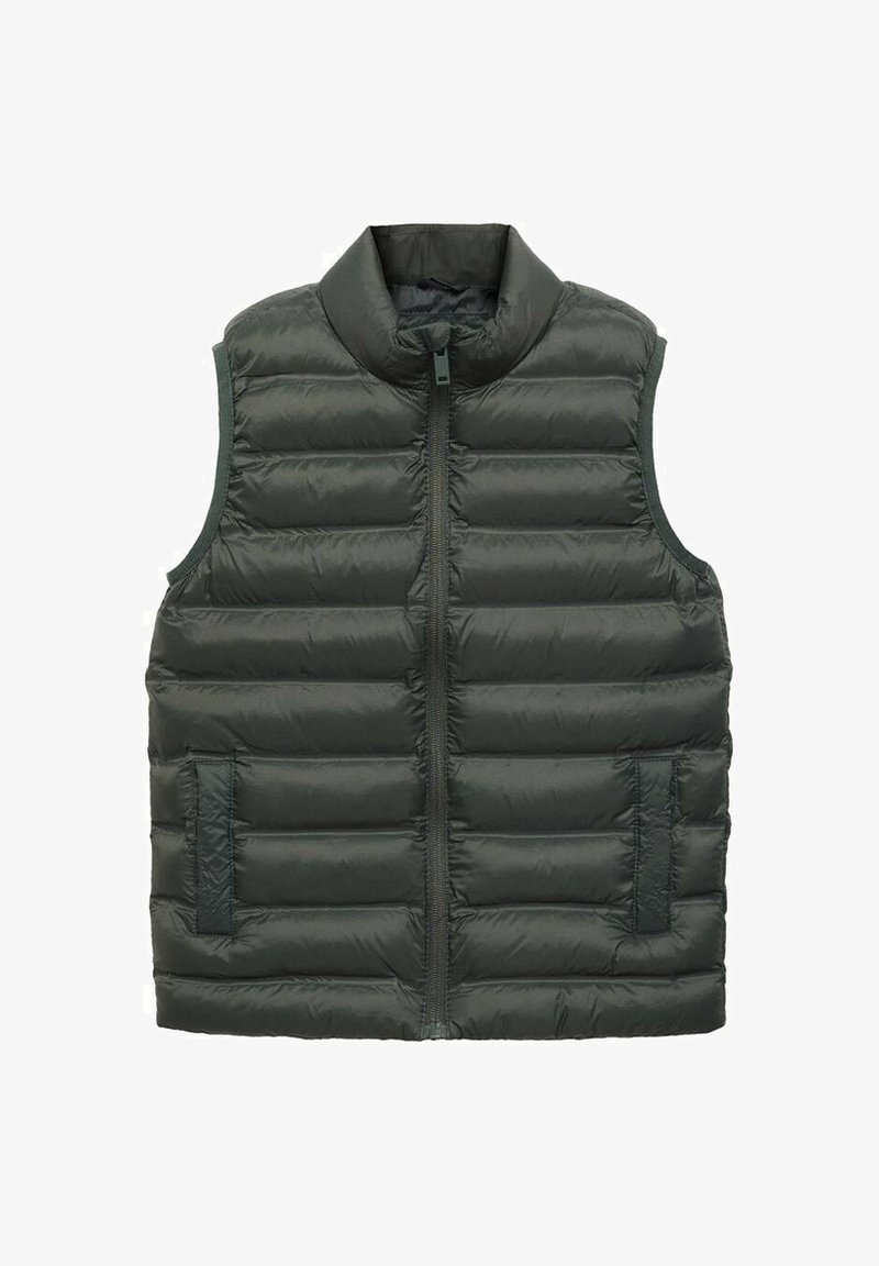 Tamnozeleni pufasti prsluk s visokim ovratnikom, prednjim zatvaračem i dva bočna džepa; sadrži kviltane panele za izolaciju i glatku teksturu.