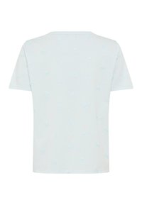 T-shirt bleu clair à manches courtes avec un col rond et une broderie florale subtile et dispersée dans le dos.