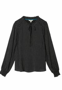 Schwarze Bluse mit langen Ärmeln und weißen Punkten, runder Ausschnitt, elastische Bündchen und einem Bindebanddetails vorne. Glatter, leichter Stoff.