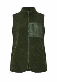 Grön ärmlös väst i fleece med hög krage, frontdragkedja och en blank grön ficka på vänster bröst. Mjuk, texturerad yta.
