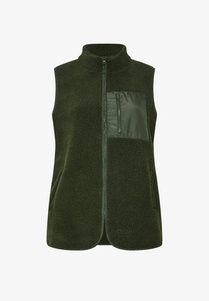 Gilet sans manches vert en polaire avec col montant, fermeture éclair sur le devant et poche verte brillante sur la poitrine gauche. Surface douce et texturée.