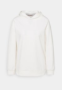 Sudadera blanca con capucha hecha de tela suave. Mangas anchas y corte relajado con ribete en el dobladillo. Etiqueta visible en el interior del escote.