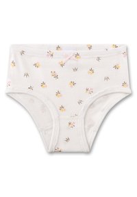 Weiße Baumwollslips mit einem Blumenmuster in Pink und Gelb. Mit einer pinkfarbenen Schleifenverzierung und kontrastierenden Nähten an den Nähten.