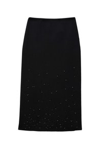 Jupe noire au design ajusté, présentant un tissu texturé et des embellissements brillants dispersés en bas pour la décoration.