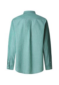 Camicia a maniche lunghe a righe verdi con colletto e polsini abbottonati. Presenta righe verticali bianche sottili e una vestibilità comoda.