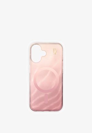 Custodia per telefono rosa traslucida con un design circolare compatibile con MagSafe e ritagli per fotocamera e pulsanti, etichettata "IDEAL OF SWEDEN".