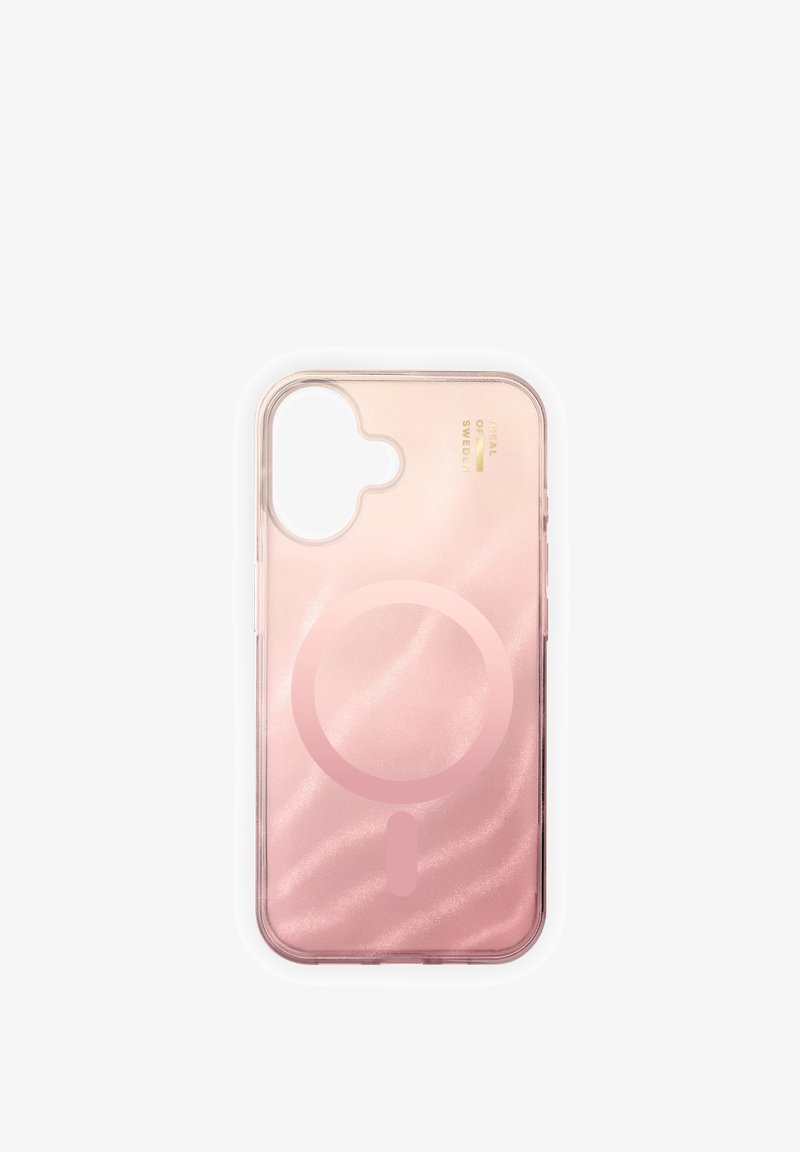 Custodia per telefono rosa traslucida con un design circolare compatibile con MagSafe e ritagli per fotocamera e pulsanti, etichettata "IDEAL OF SWEDEN".