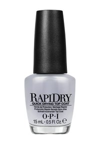 Bottiglia di vetro trasparente contenente 15 mL di smalto per unghie grigio chiaro. Presenta un tappo alto in finitura opaca nera e un'etichetta con la scritta "RAPIDRY" in carattere grassetto.