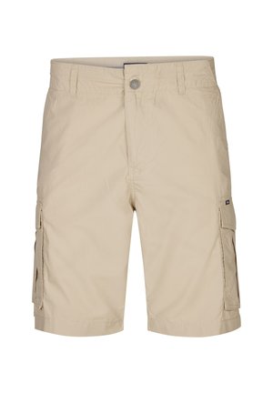 Beige cargo shorts lavet af let stof, med sidelommer, knaplukning og kantede ben for en afslappet pasform.
