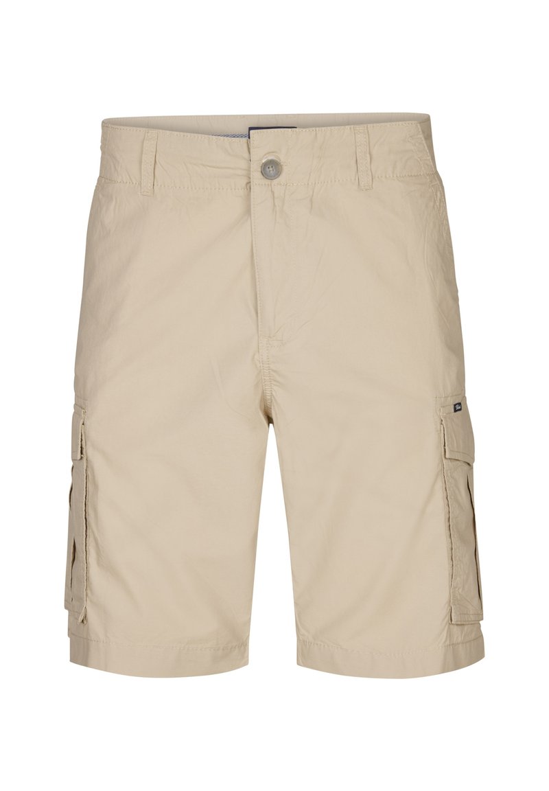 Shorts cargo beige en tissu léger, dotés de poches latérales, d'une fermeture à bouton et de ourlets pour un ajustement décontracté.