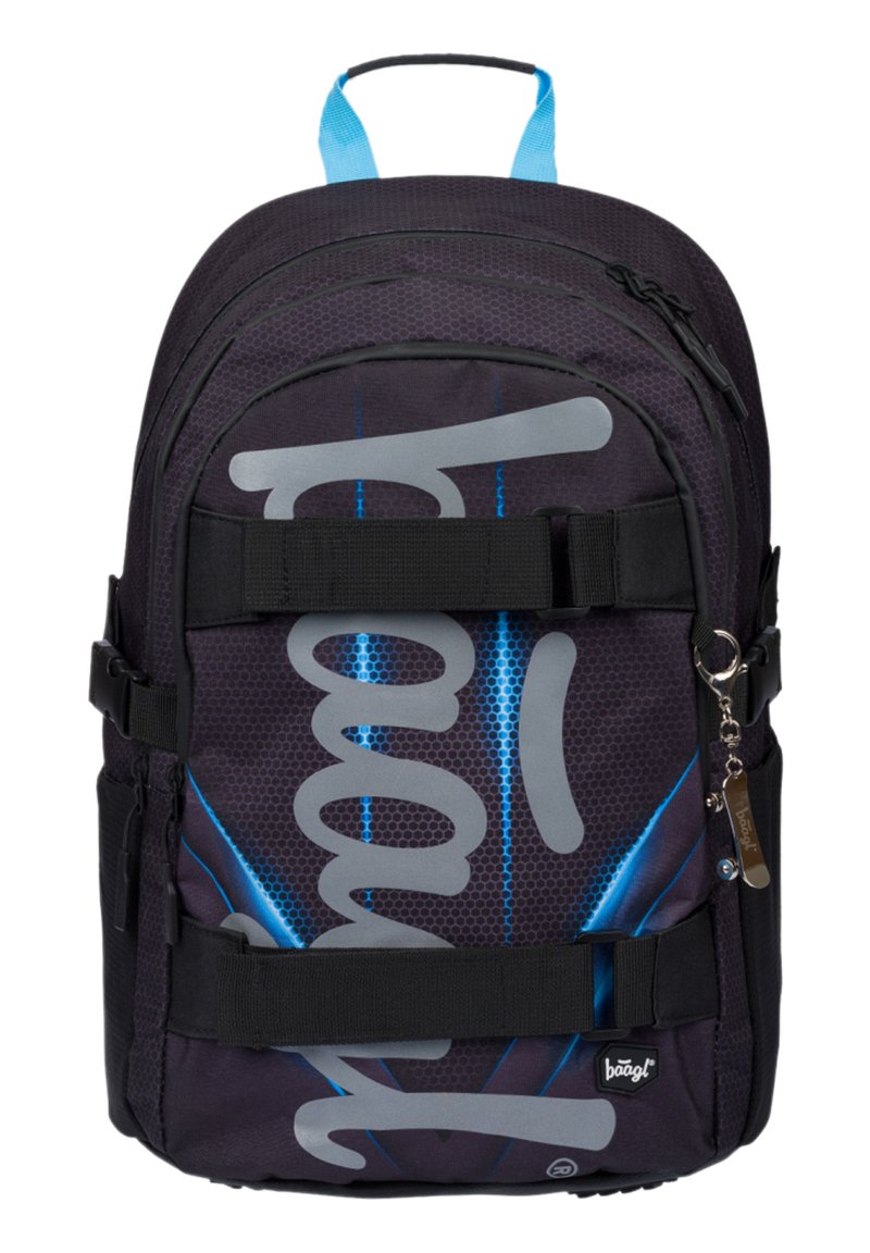 Zaino nero con un motivo esagonale, dettagli blu e logo grigio. Presenta spallacci regolabili e più scomparti per lo stoccaggio.