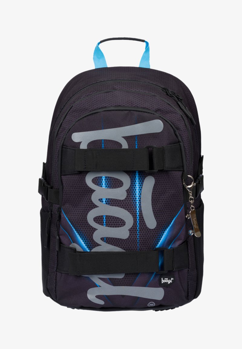 Schwarzer Rucksack mit hexagonalem Muster, blauen Akzenten und grauem Logo. Verfügt über verstellbare Träger und mehrere Fächer zur Aufbewahrung.