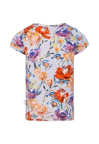 T-shirt floreale con sfondo grigio chiaro decorato da vivaci fiori rossi, arancioni, viola e blu. Maniche corte e scollo rotondo.
