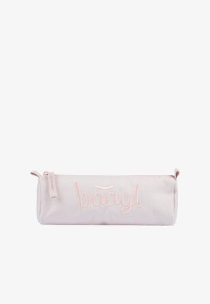 Astuccio per matite di colore rosa, con forma cilindrica, dotato di una cerniera e della parola ricamata "paagl" in una tonalità corrispondente.