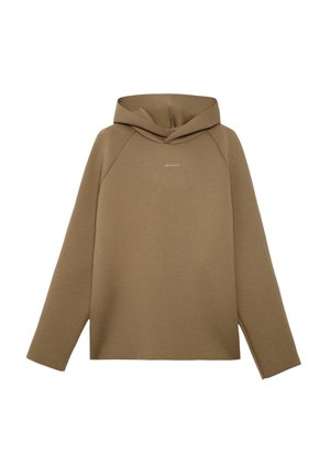 Sudadera marrón de manga larga con un bolsillo frontal tipo canguro, capucha cruzada y pequeño texto blanco centrado en el pecho.