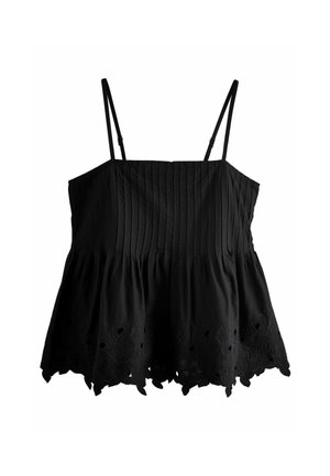 Haut sans manches noir avec des fines bretelles, présentant des plis et une broderie florale à l'ourlet, créant un aspect texturé et superposé.