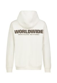 Weiße Kapuzenjacke mit lockerer Passform. Auf der Rückseite mit dunkelbraunem "WORLDWIDE"-Text versehen. Weicher Baumwollstoff mit gerippten Bündchen.