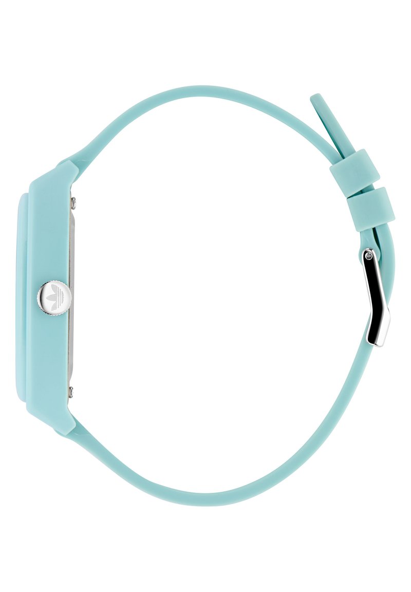 Orologio in silicone aqua con cassa rettangolare, hardware argentato e cinturino liscio. I dettagli degni di nota includono un logo sul pulsante di pressione.