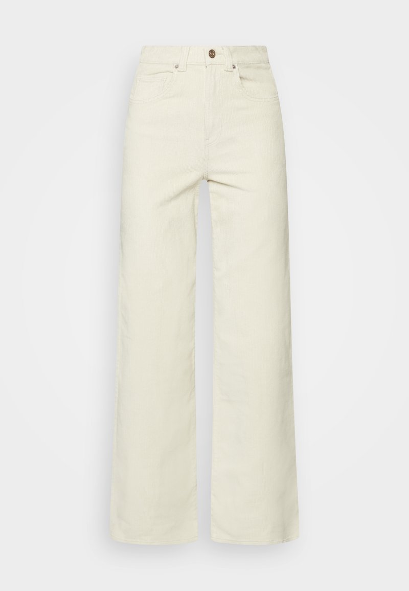 Jeans crème à jambe large en tissu texturé avec une taille haute, dotés de poches avant et d'une fermeture à un bouton.