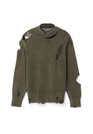 Olive green knit sweater with multiple intentional rips and holes on sleeves, chest, shoulder, and hem, laid flat on white background.