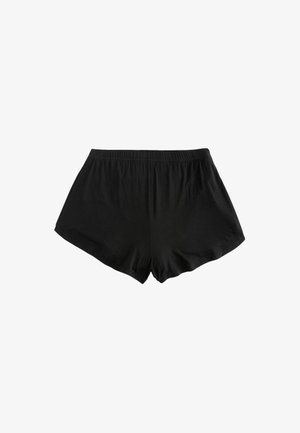 Pantalones cortos negros de tela suave y elástica. Presentan una cintura elástica y un corte holgado con una forma ligeramente acampanada.