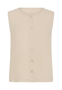 Débardeur beige sans manches avec un col rond et six boutons à l'avant. Texture lisse avec une coupe droite et un ourlet.