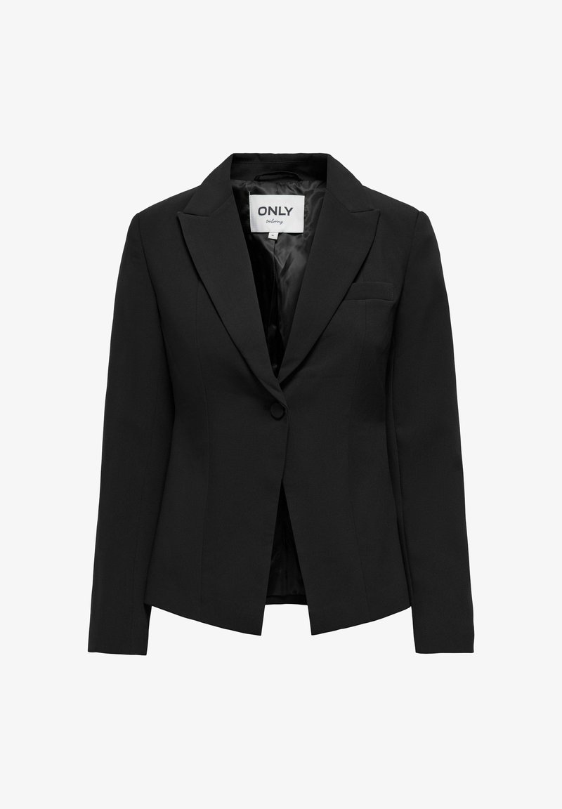 Blazer noir pour femme, ajusté, avec revers crantés, fermeture par un seul bouton, poche poitrine gauche et intérieur doublé lisse.