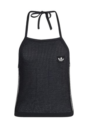 Czarny dzianinowy top na szyję z teksturowanym wzorem z siateczki, z małym białym logo i kontrastującymi bocznymi paskami. Wiązany na szyi dla regulowanego dopasowania.