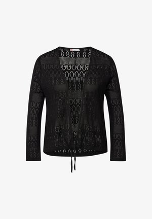 Mustikka, neulottu neuletakki avoimella edellä ja pitkillä hihoilla. Ominaisuuksina geometrian kuviointi ja nauhakiinnitys helmassa. Rakennekangas.