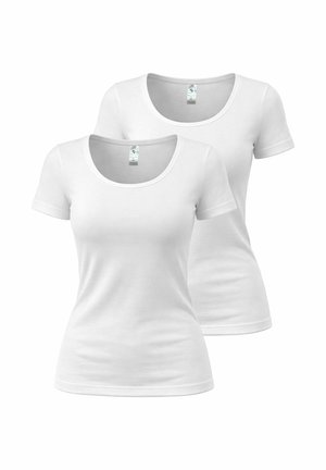Two plain white short-sleeve women’s fitted t-shirts with round necks, shown front-facing on a white background.
