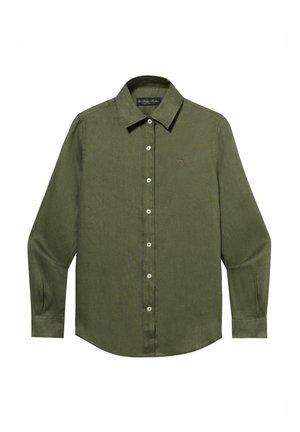 Lang groen-olijfgroen overhemd met lange mouwen, knoopsluiting, spitse kraag en klein geborduurd logo op de linkerborst.