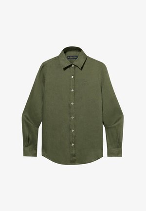 Lang groen-olijfgroen overhemd met lange mouwen, knoopsluiting, spitse kraag en klein geborduurd logo op de linkerborst.