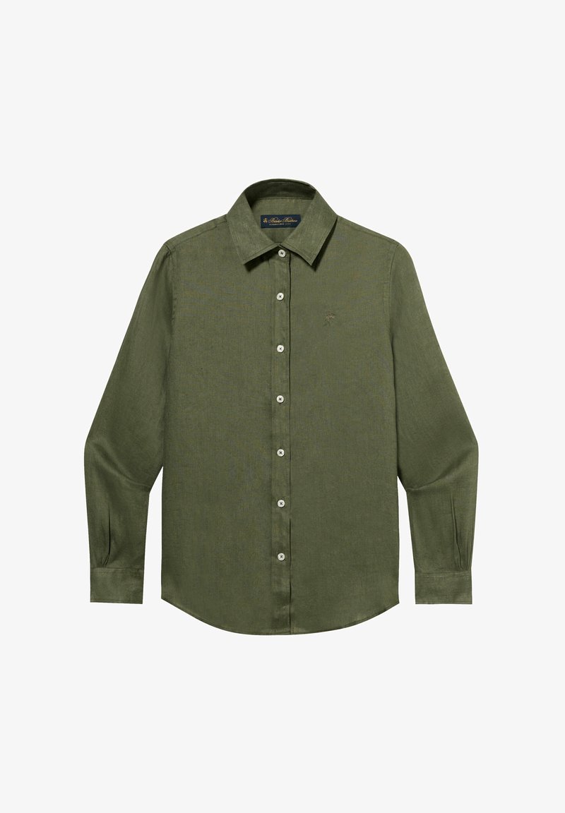 Lang groen-olijfgroen overhemd met lange mouwen, knoopsluiting, spitse kraag en klein geborduurd logo op de linkerborst.