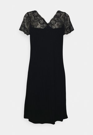 Black dress with short lace sleeves and a V-neck. Soft fabric, relaxed fit, and knee-length design. Lace detailing at neckline and sleeves.