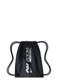 Black drawstring bag made of lightweight material featuring "Nike Air Zoom Mercurial" logo in reflective silver. Smooth texture, minimalist design.