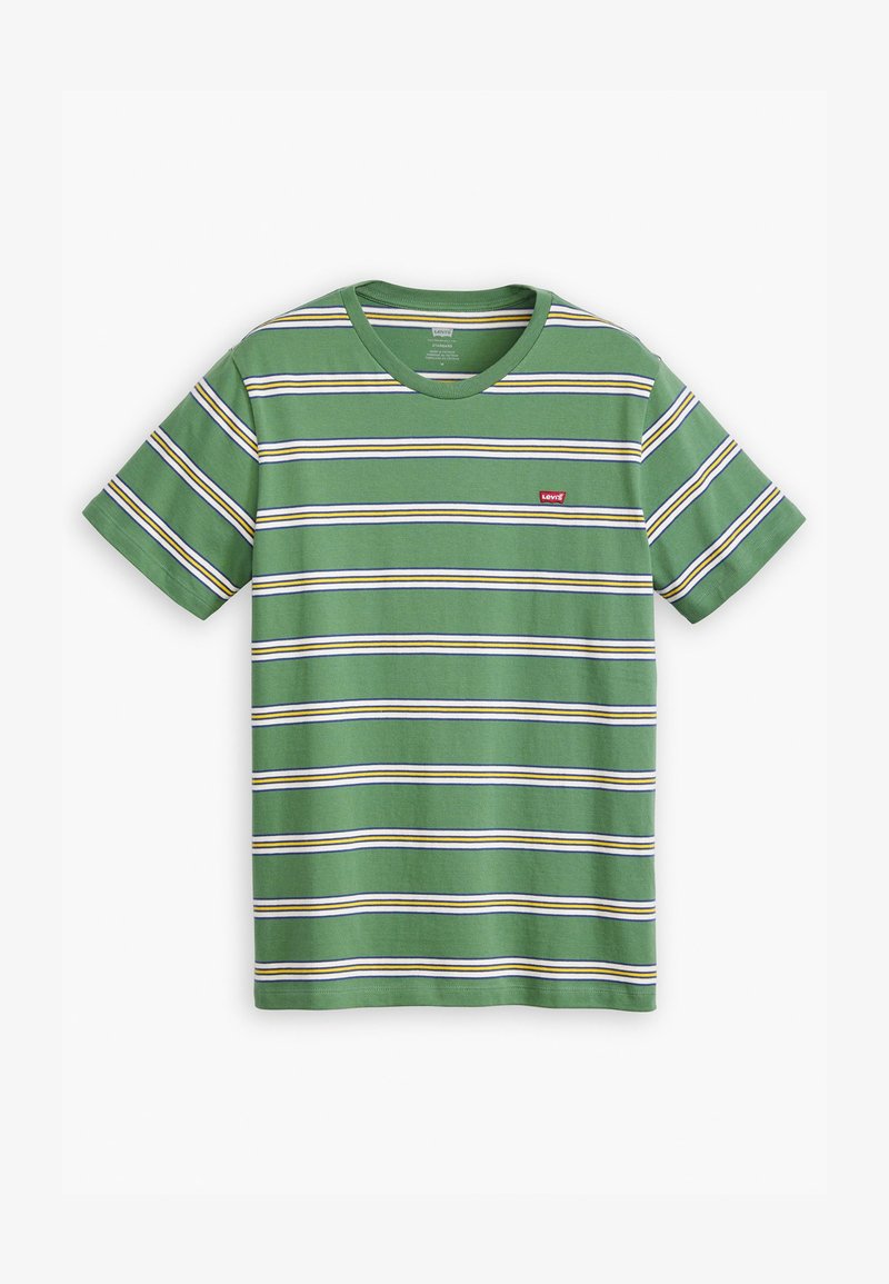 T-shirt vert à rayures en coton, avec des rayures horizontales blanches, jaunes et bleues, arborant un petit logo rouge Levi's sur la poitrine.
