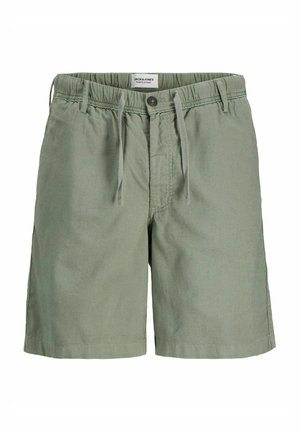 Grüne Baumwollshorts mit elastischem Bund und Kordelzug, Frontknopfverschluss und seitlichen Taschen. Weiche Textur mit lässiger Passform.