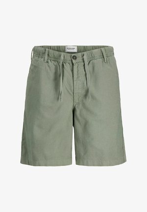 Grüne Baumwollshorts mit elastischem Bund und Kordelzug, Frontknopfverschluss und seitlichen Taschen. Weiche Textur mit lässiger Passform.