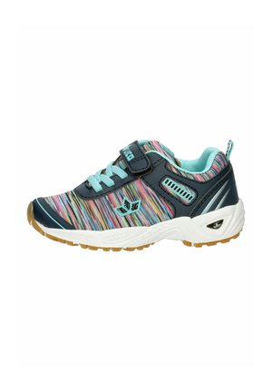 Child's colorful athletic shoe with teal laces, multicolor striped fabric, navy blue accents, white sole, and velcro strap.