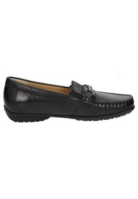 Zwarte leren loafers hebben een gestructureerd paneel, decoratieve hardware en een rubberen zool voor grip. Ontworpen met een ronde neus en een gevoerde binnenkant.