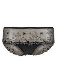 Sorte blonde truser med blomsterbroderi, gjennomsiktig tulle øverst og bølgete kanter. Mykt, fleksibelt stoff med en glatt indre foring.