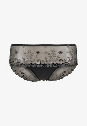 Zwarte kanten slip met bloemen borduursel, doorschijnende tule bovenkant en gescandeerde randen. Zacht, flexibel materiaal met een gladde binnenvoering.